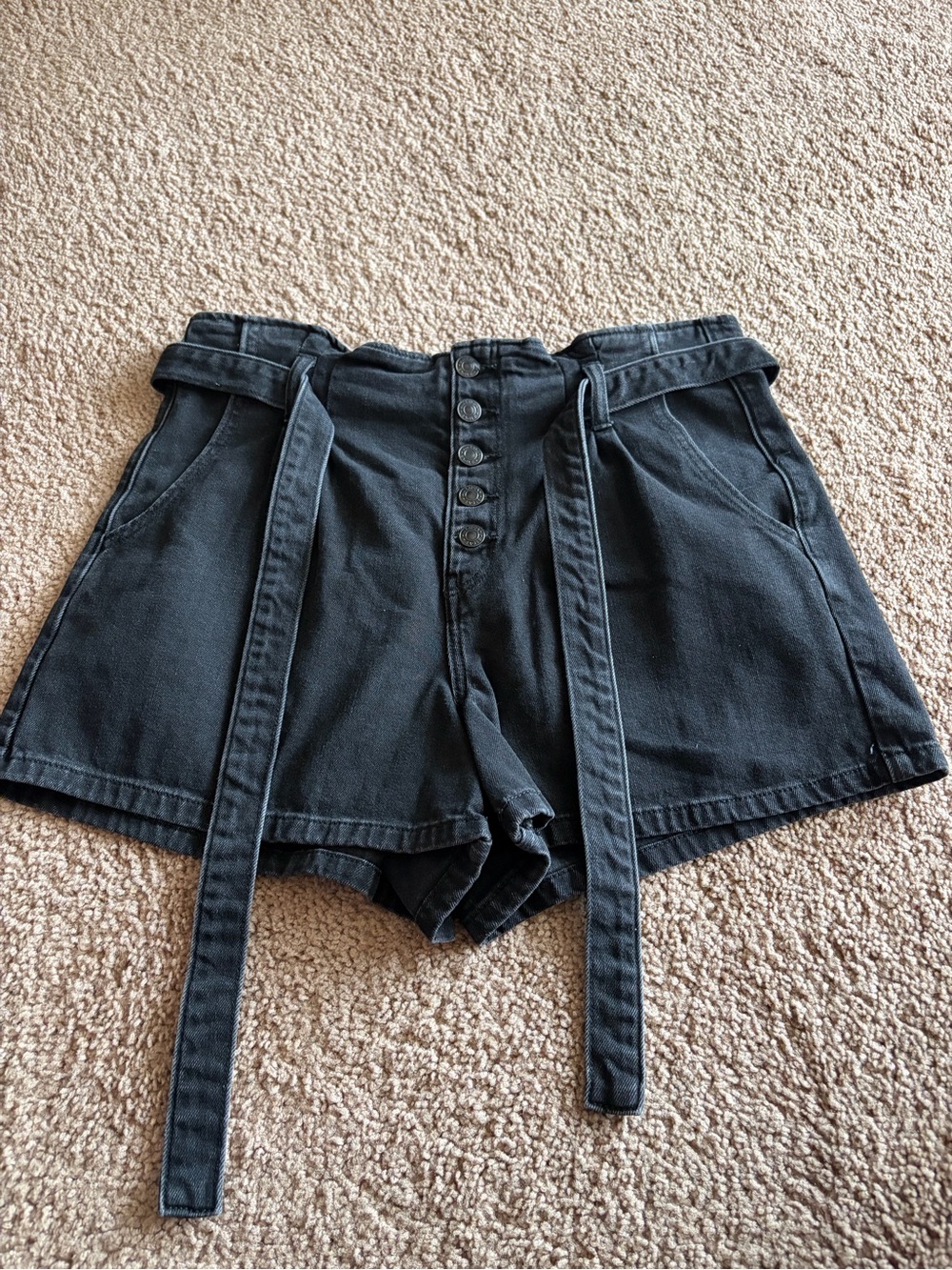 American Eagle High-Waist Black Button-Front Paperbag Shorts with Belt